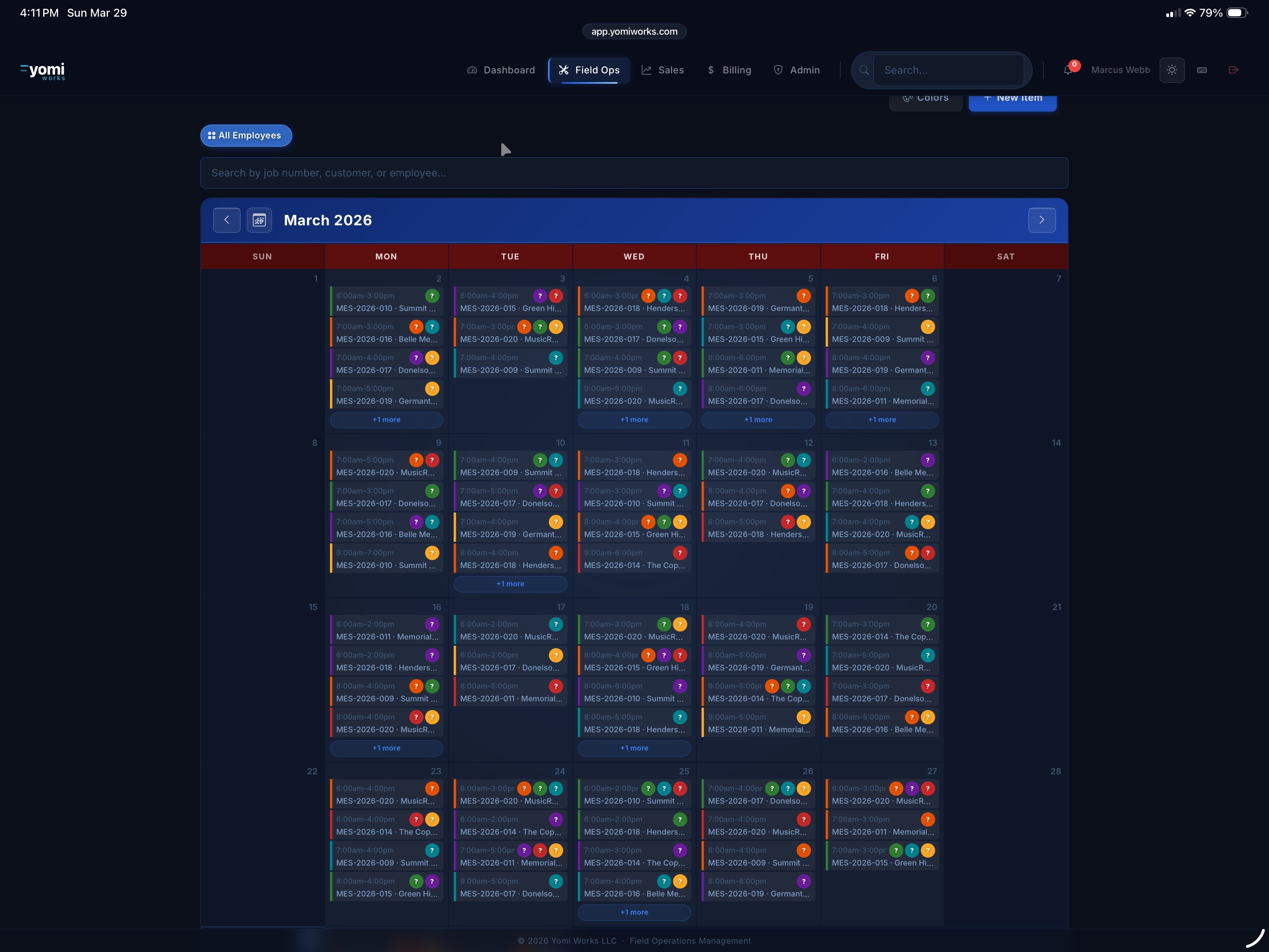 Yomi schedule — monthly crew calendar with job assignments