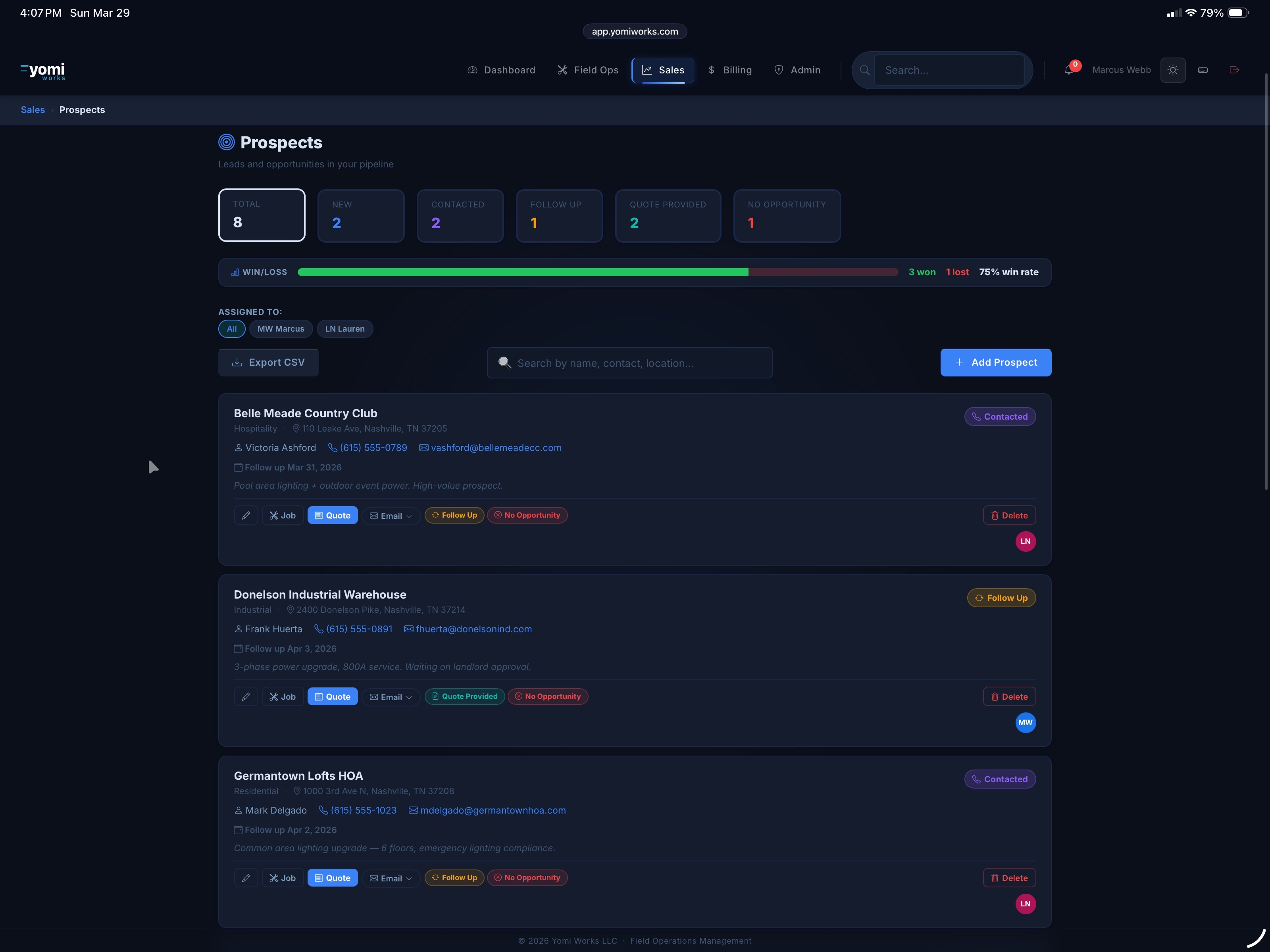 Yomi pipeline — prospect list with win/loss tracking