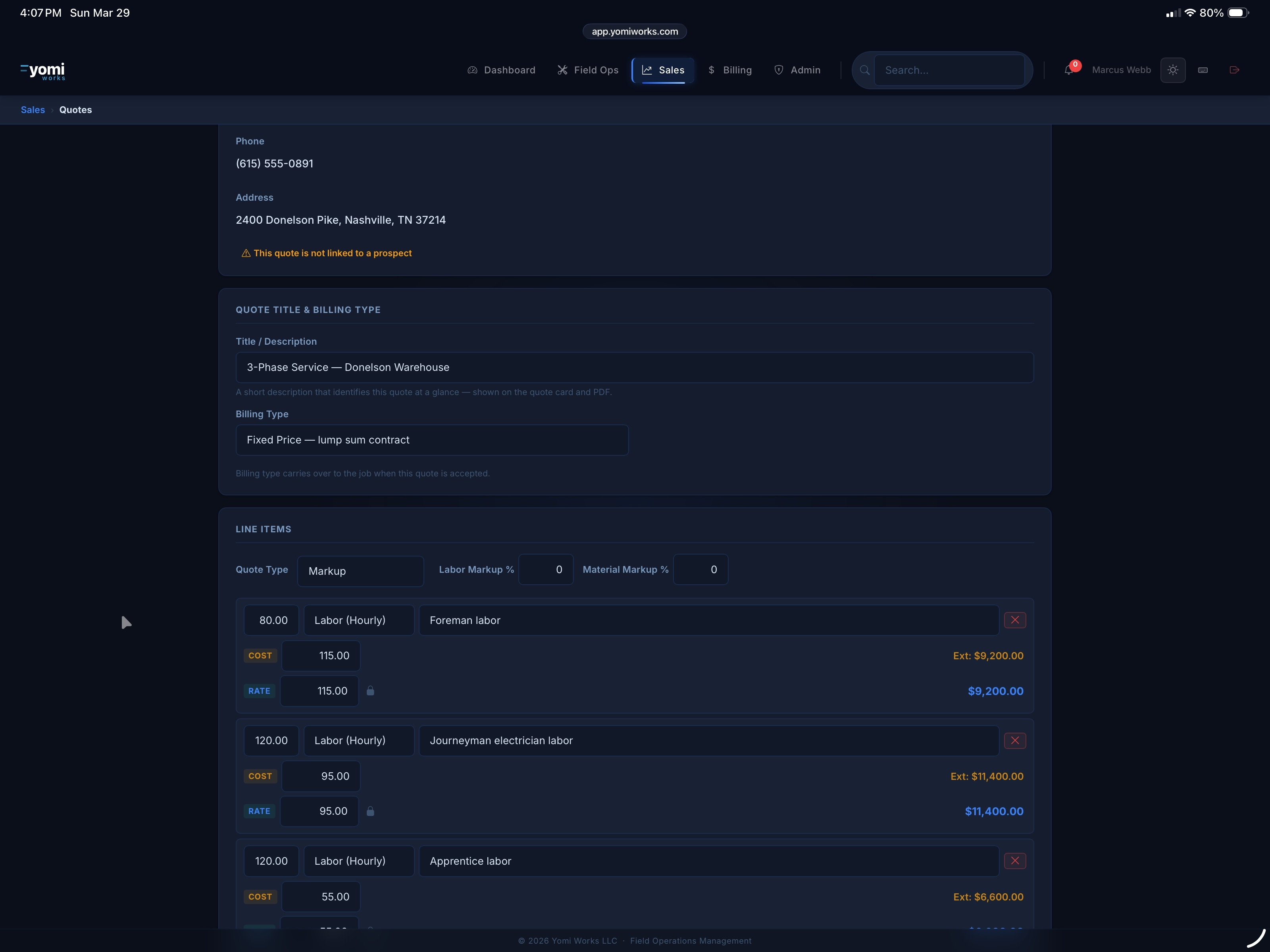 Yomi quotes — line items with labor and material breakdowns